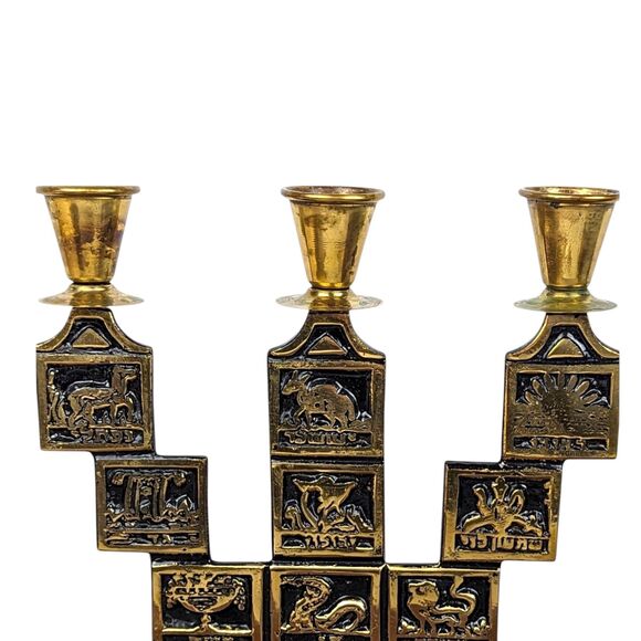 Vintage Goldtone Astrological Candelabra: Black Enamel Zodiac Candle Holder - Picture 3 of 9